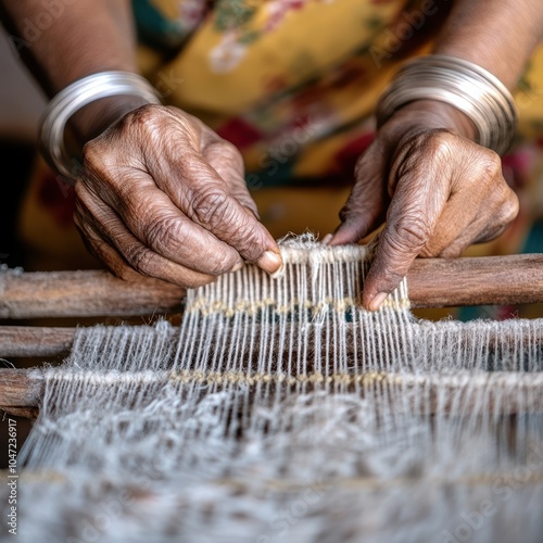 Traditional Weaving by an Indian Woman Up Close