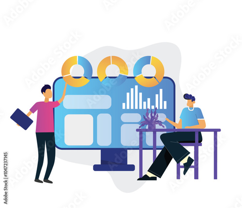 Data analysis statistics for financial administration. Features a circular diagram with colorful segments, representing a business pie chart