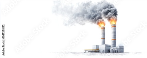 Smoking industrial chimneys emitting flames and smoke on a white isolated background photo