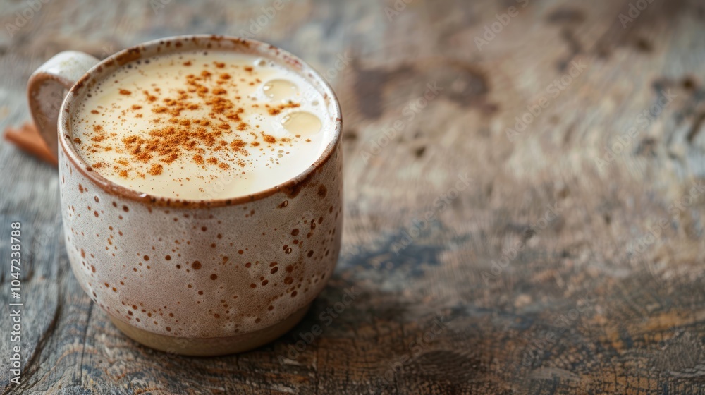 A Close-Up of a Mug Filled with a Creamy Beverage Topped with Cinnamon A Close-Up of a Mug Filled with a Creamy Beverage Topped with Cinnamon