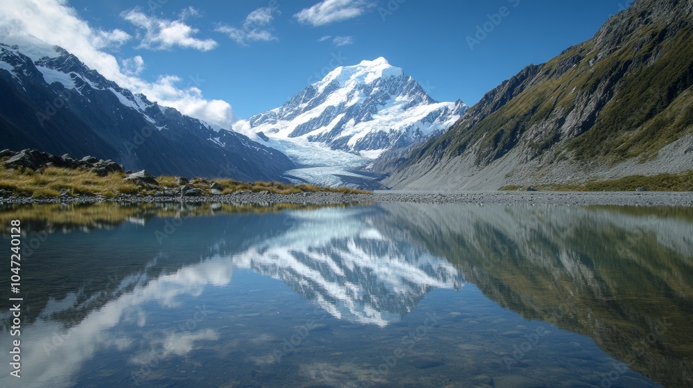 large lake with crystal clear water surrounded by large mountains with snow large lake with crystal clear water surrounded by large mountains with snow