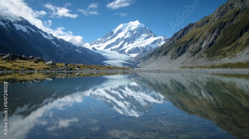 large lake with crystal clear water surrounded by large mountains with snow