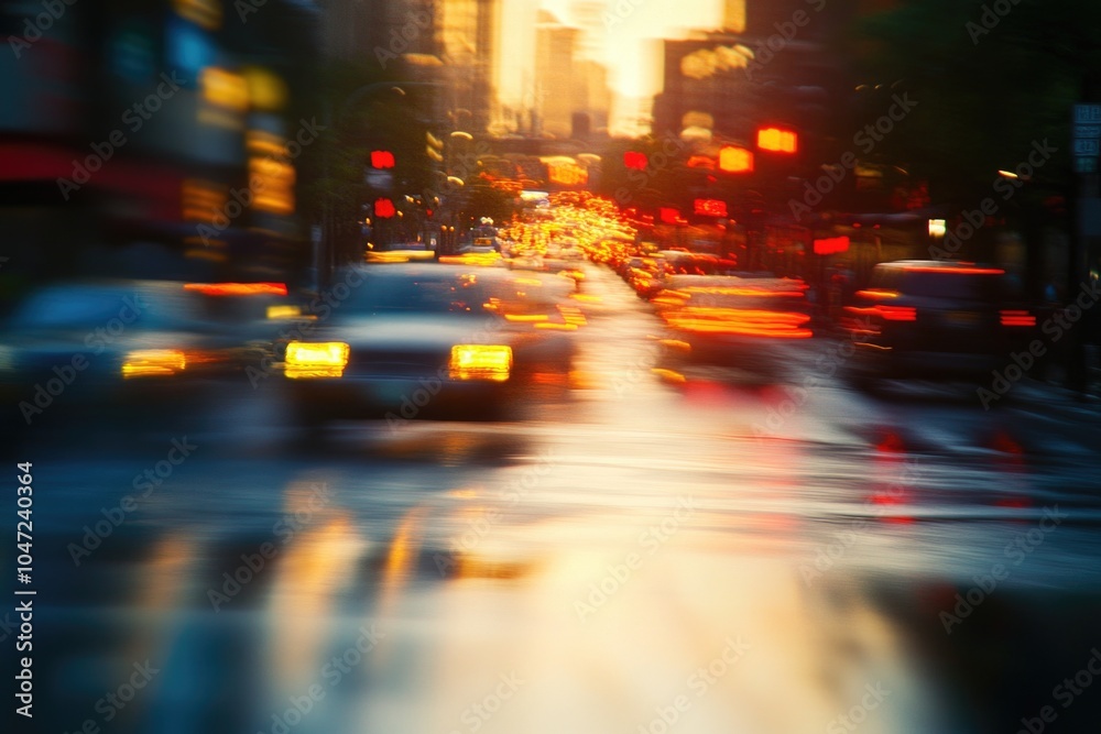 A blurred image of a city street at night with various buildings and cars A blurred image of a city street at night with various buildings and cars