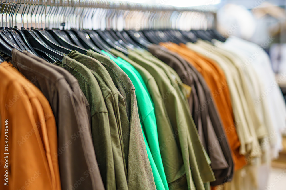Men's t-shirts on a hanger in a clothing store in a shopping mall. Men's t-shirts on a hanger in a clothing store in a shopping mall.
