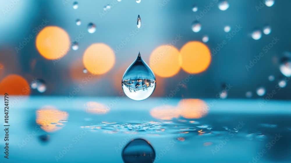 Fototapeta premium A close up of a raindrop falling on a windowpane, its reflection distorted by the water, the outside world blurred.