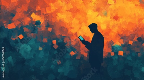 A silhouette of a person holding a phone stands against a vibrant, abstract background of orange and teal hues.