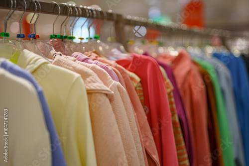 Women's multi-colored blouses on a hanger in a clothing store in a shopping mall.