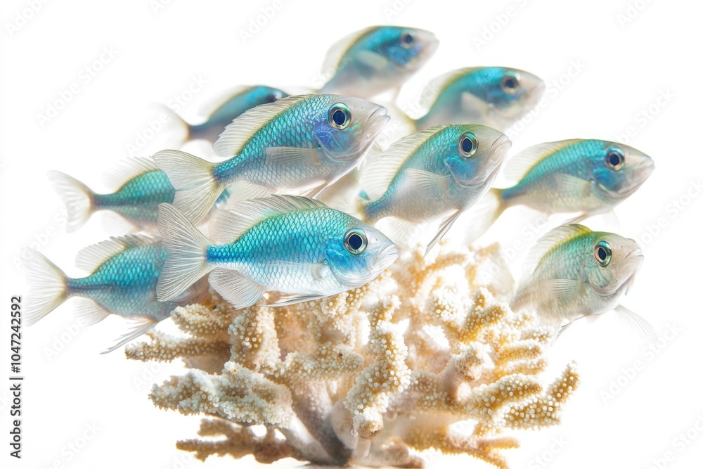 Group of small blue fish swimming close to coral, ideal for aquatic or ocean-related themes Group of small blue fish swimming close to coral, ideal for aquatic or ocean-related themes