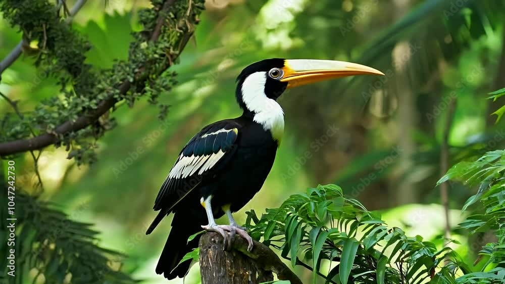 Observe unique striking Callao bird known twohorned Buceros bicornis perched tropical trees plants lush forests Southeast Asia environment siam background wild colourful nature close male beak eye Observe unique striking Callao bird known twohorned Buceros bicornis perched tropical trees plants lush forests Southeast Asia environment siam background wild colourful nature close male beak eye