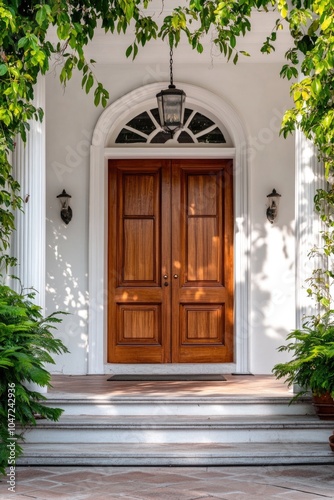 A wooden front door flanked by two planters photo