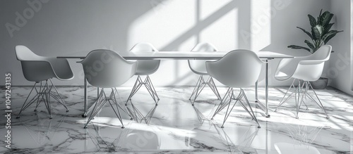 A modern conference room featuring a sleek table and white chairs on a marble floor.