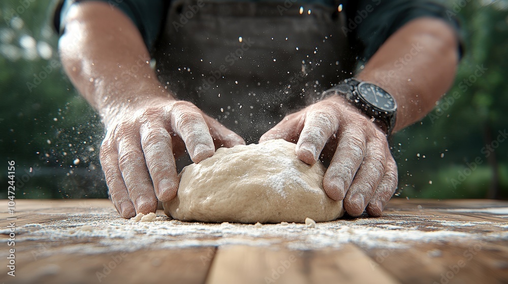 Closeup of Baker Kneading Dough with Flour Dust Baking Breadmaking Food Preparation Closeup of Baker Kneading Dough with Flour Dust Baking Breadmaking Food Preparation