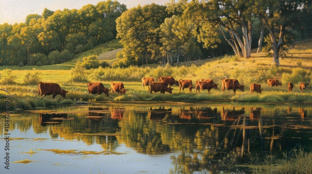 Fototapeta premium Cows Grazing by a Pond in a Tranquil Forest Setting