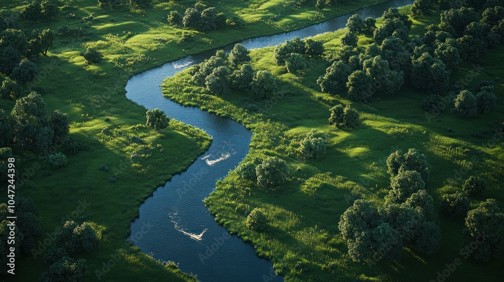 Aerial view of a river winding through lush grassland, with towering trees lining the banks. Aerial view of a river winding through lush grassland, with towering trees lining the banks.