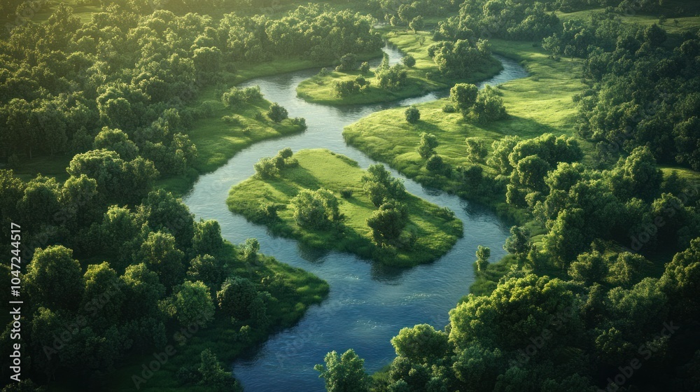 Aerial view of a river winding through lush grassland, with towering trees lining the banks. Aerial view of a river winding through lush grassland, with towering trees lining the banks.