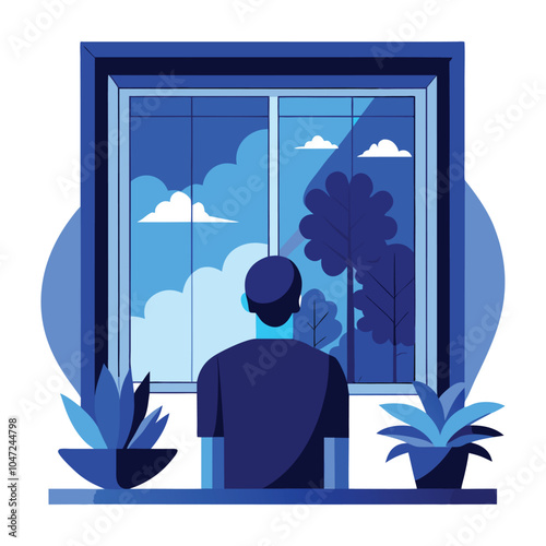 Blue Monday Escape,a vector design of a person looking out of a window.