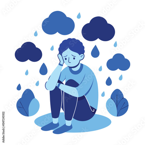 Blue Monday Mood, a person sitting with their head down, surrounded by abstract blue clouds and raindrops, representing sadness or fatigue, on a white background.