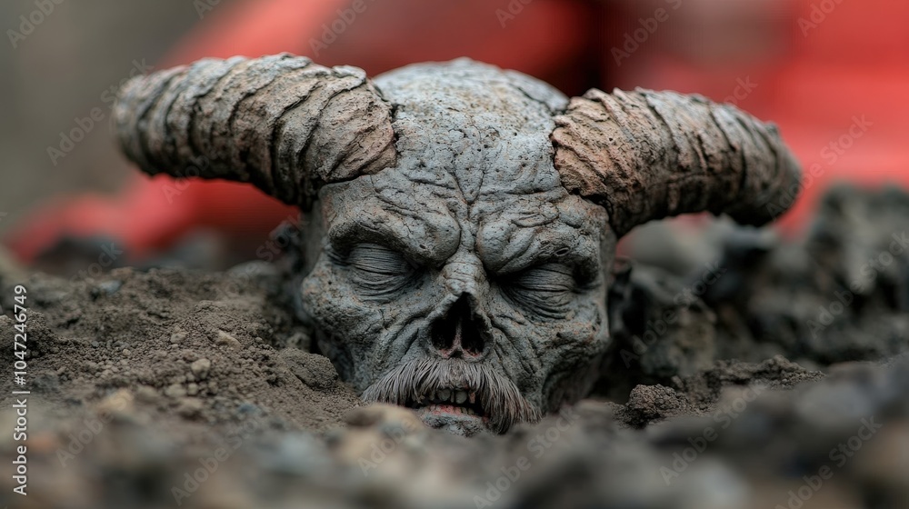 Obraz premium Demon Skull Buried in Dirt Halloween Horror Monster Fantasy Dark Scary