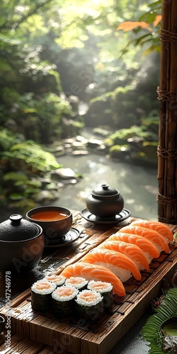 An inviting display of sushi, featuring salmon sashimi and rolls, set against a serene natural backdrop with lush greenery and a gentle stream. photo