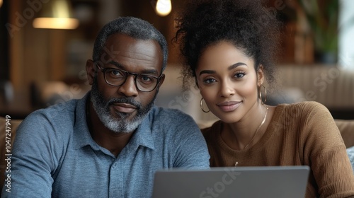 Two individuals smiling at the camera while working on a laptop in a cozy environment.