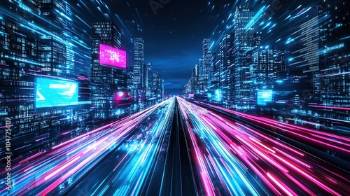 Futuristic cyberpunk cityscape with blue and pink light trails, portraying a sci-fi downtown scene at night with skyscrapers, highways, and billboards, depicted in a 3D illustration, motion cityscape 