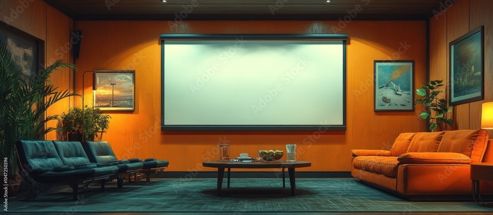 Cozy lounge area with a projector screen, ideal for presentations or movie nights. Cozy lounge area with a projector screen, ideal for presentations or movie nights.