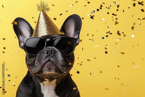Adorable French bulldog wearing sunglasses and a festive birthday hat.Perfect for party-themed designs and anyone who loves combining cute pets with a festive vibe.
