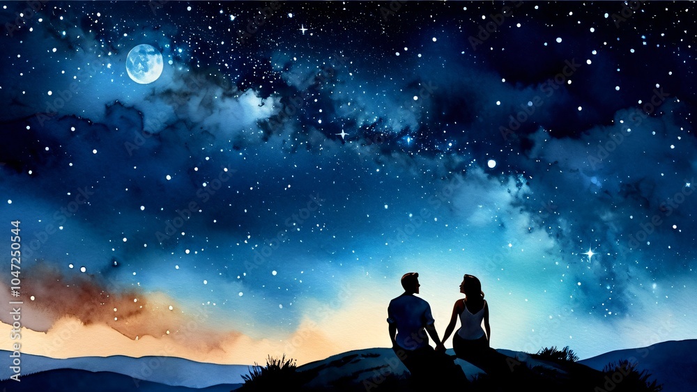 couple holding hands, gazing at the stars and moon in the night sky, watercolor illustration with deep blue tones couple holding hands, gazing at the stars and moon in the night sky, watercolor illustration with deep blue tones