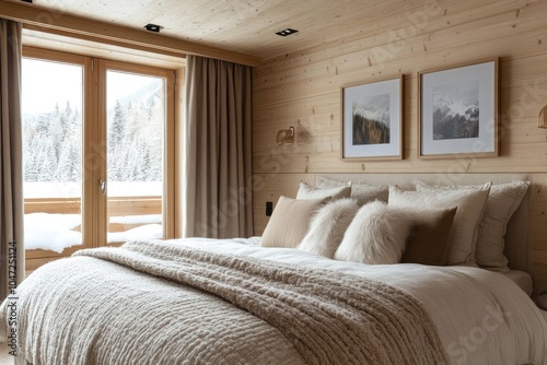 Cozy bedroom interior with large comfortable bed facing snowy mountains landscape seen through balcony doors photo