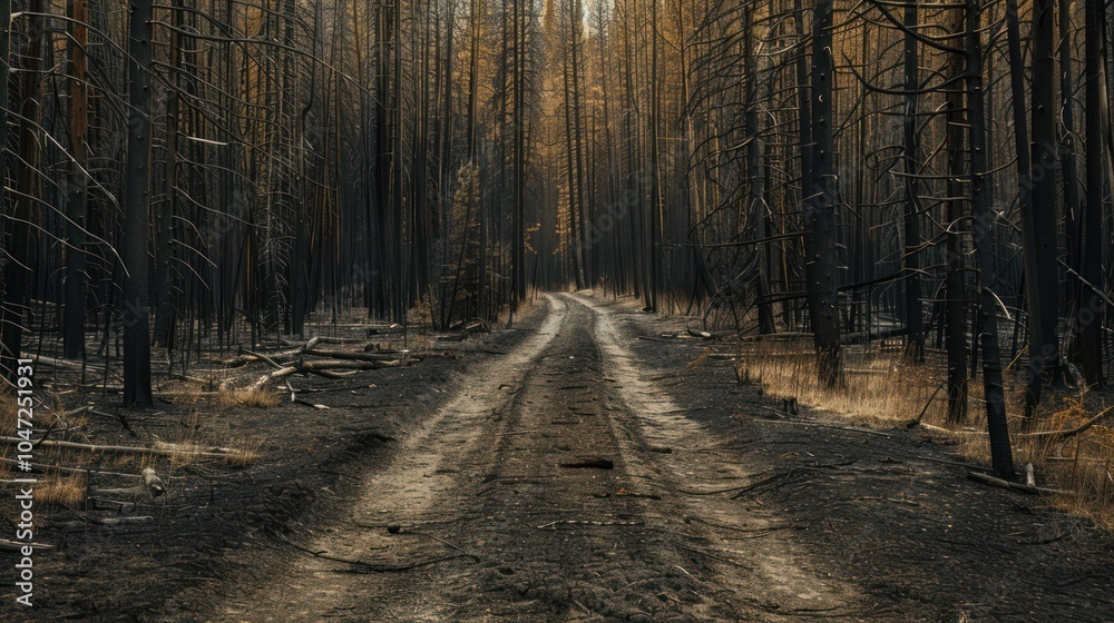 Fototapeta premium A Dirt Path Through a Forest After a Wildfire