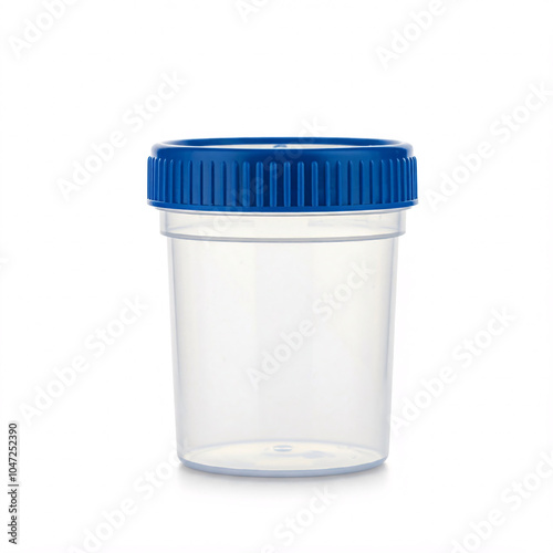 blue plastic sample container on white background