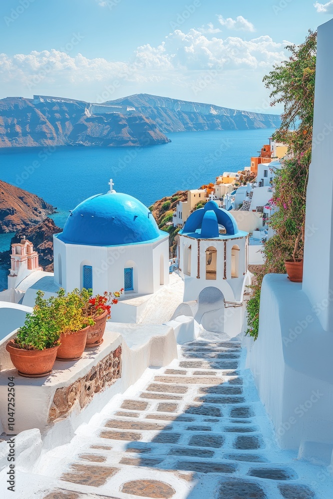 Φωτογραφία Narrow street leading down to the aegean sea in oia, santorini