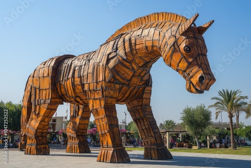 Giant wooden trojan horse statue standing on square in ancient city of troy