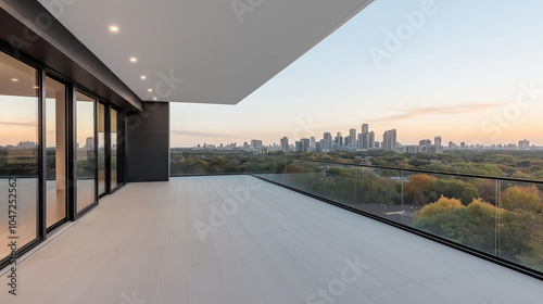 Modern rooftop walkway with glass railings  offering panoramic views of the city skyline