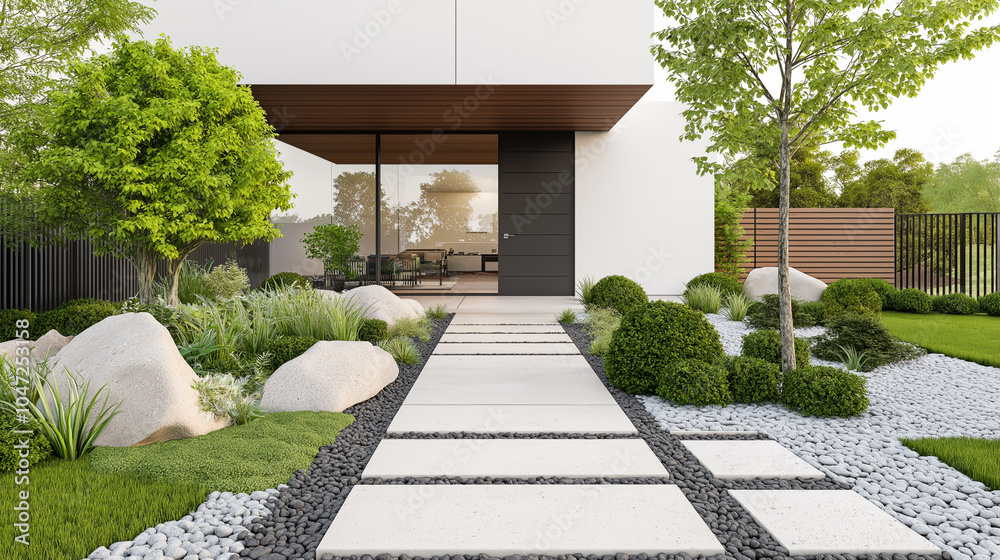 Fototapeta premium Outdoor modern walkway with textured stone tiles, surrounded by stylish metal fences and plants