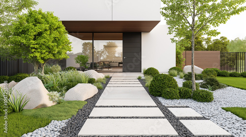 Outdoor modern walkway with textured stone tiles, surrounded by stylish metal fences and plants