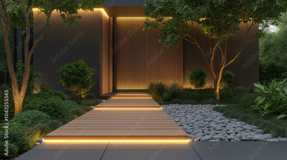 Fototapeta premium Outdoor walkway with wooden slats and modern lighting, leading through a minimalist garden