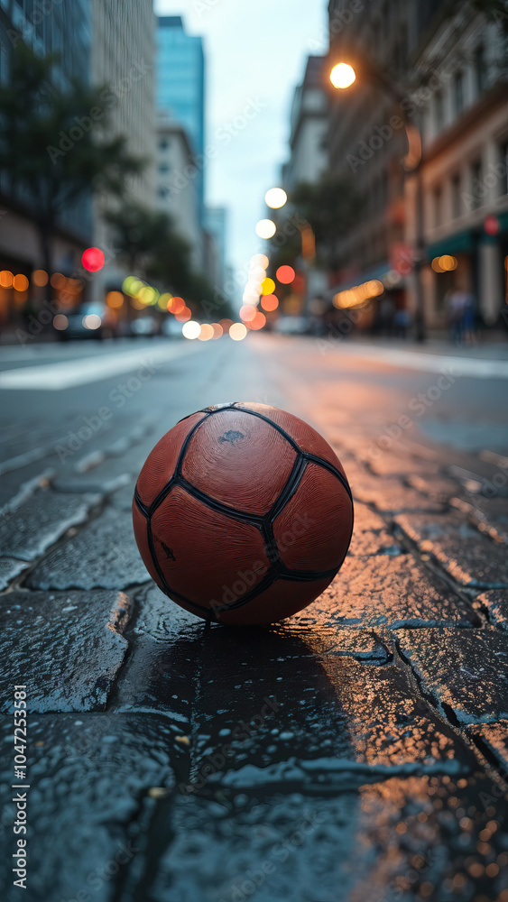 soccer ball on wet street in urban environment rainy day cityscape football culture sports vibe vertical format
