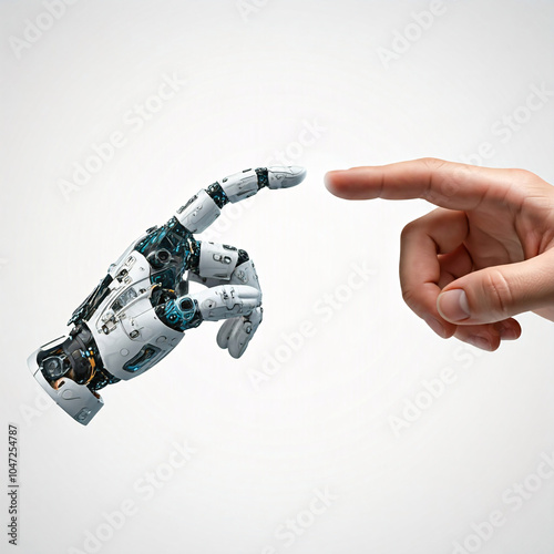 human and robot hand reaching towards each other on white background