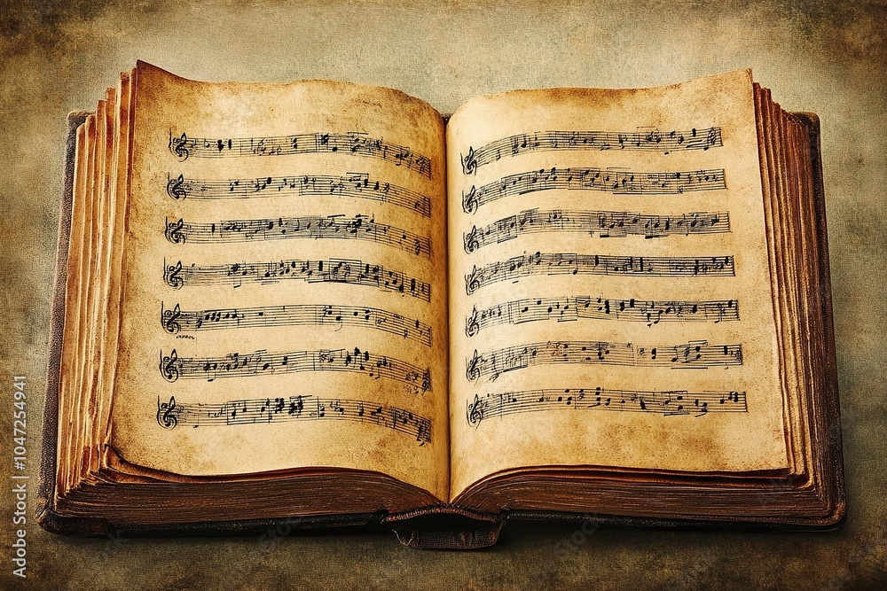 Naklejka premium Aged book with music sheets. Vintage musical score. generative ai