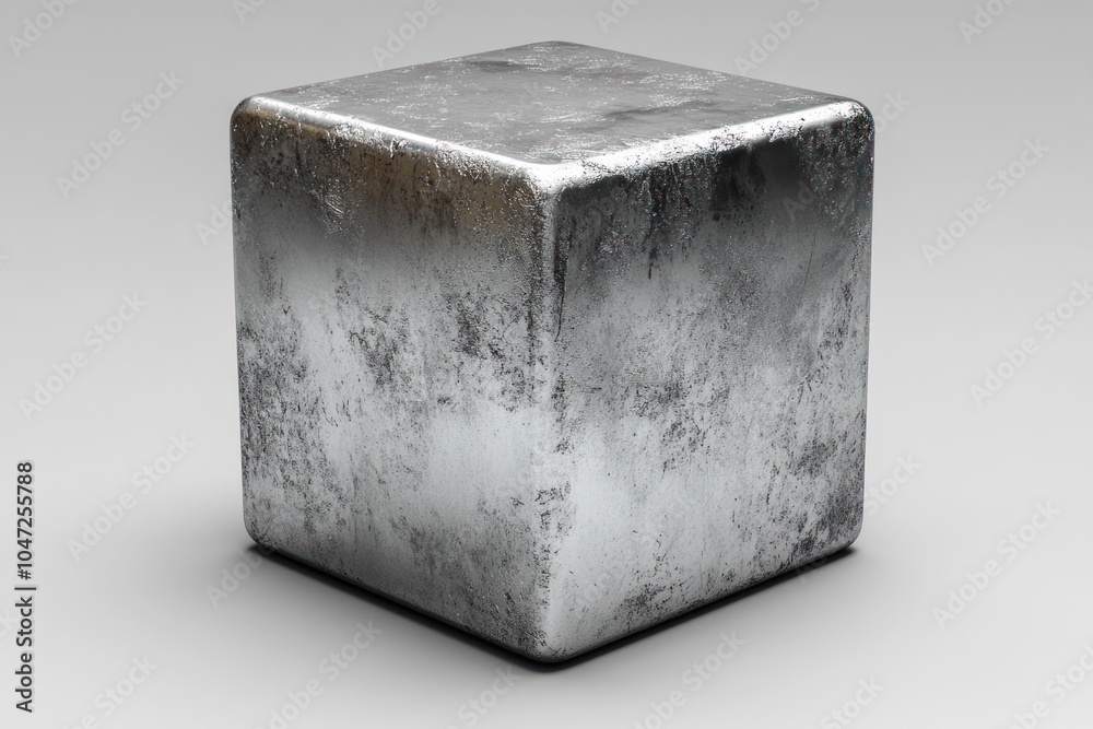 A metallic cube with a shiny, textured surface, resembling a polished metal object. A metallic cube with a shiny, textured surface, resembling a polished metal object.