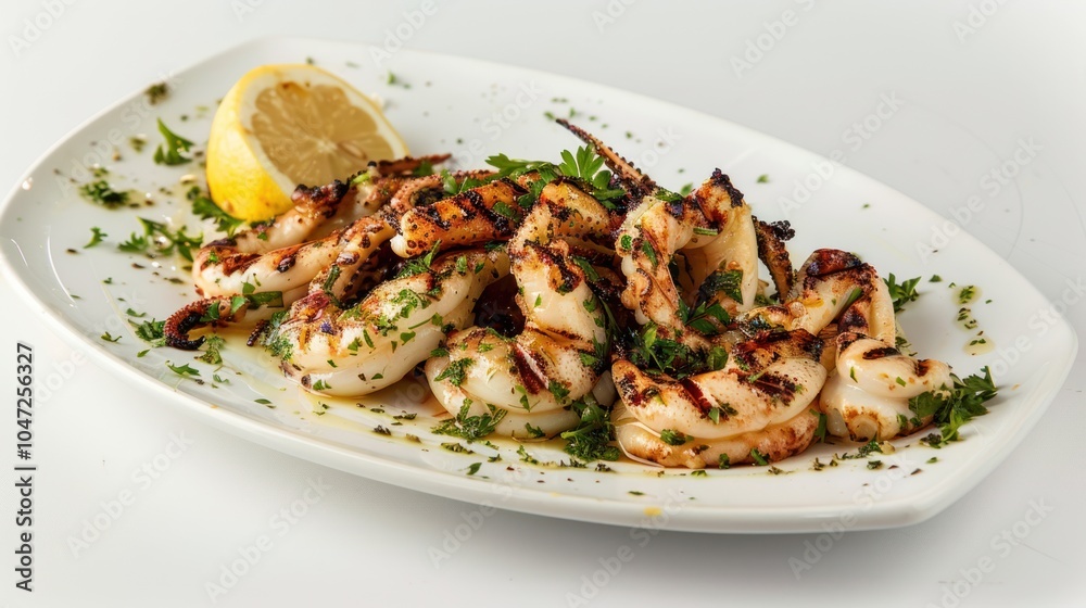 Grilled Squid with Lemon and Parsley on a White Plate Grilled Squid with Lemon and Parsley on a White Plate