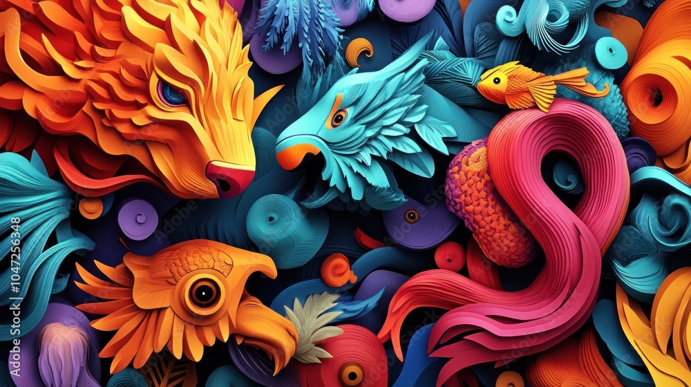 Fototapeta premium Colorful animal textures in 3D relief, smooth gradients with intricate detailing, modern and eye-catching style.