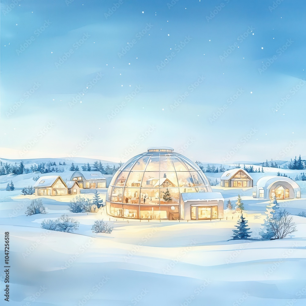 Futuristic winter village beneath a glass dome, bathed in soft winter light and glowing from within, surrounded by endless snowy plains Futuristic winter village beneath a glass dome, bathed in soft winter light and glowing from within, surrounded by endless snowy plains