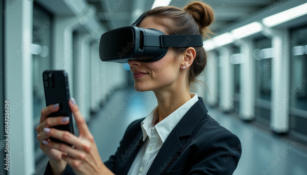 A business woman wearing a virtual reality headset looking at a cell phone in a hallway with a long corridor A business woman wearing a virtual reality headset looking at a cell phone in a hallway with a long corridor