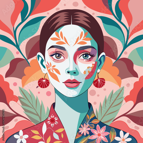 Elegant woman with floral patterns painted on her face, in a soft, pastel color palette