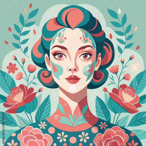 Elegant woman with floral patterns painted on her face, in a soft, pastel color palette