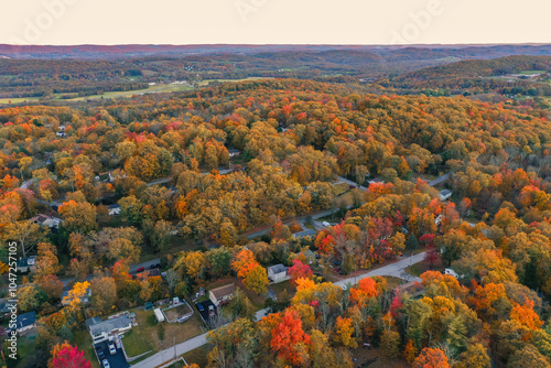 Wantage Township NJ farmlands at dusk in Autumn with Kittatiny Mountains in background aerial photo