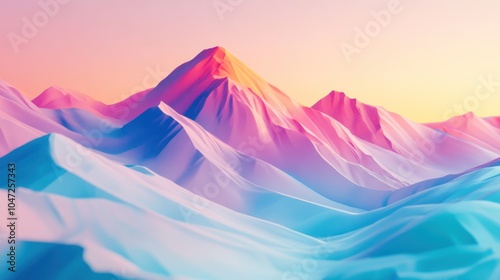 Colorful mountain landscape in 3D, bright valley relief with minimal textures and vivid colors.