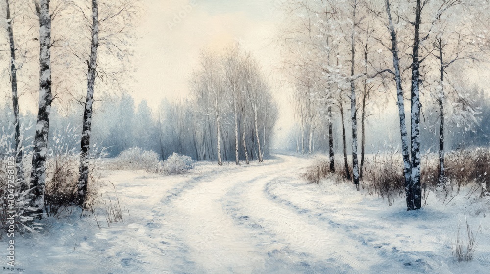 Curved snowy path lined with frosted trees, serene winter landscape under a pale sky. Curved snowy path lined with frosted trees, serene winter landscape under a pale sky.